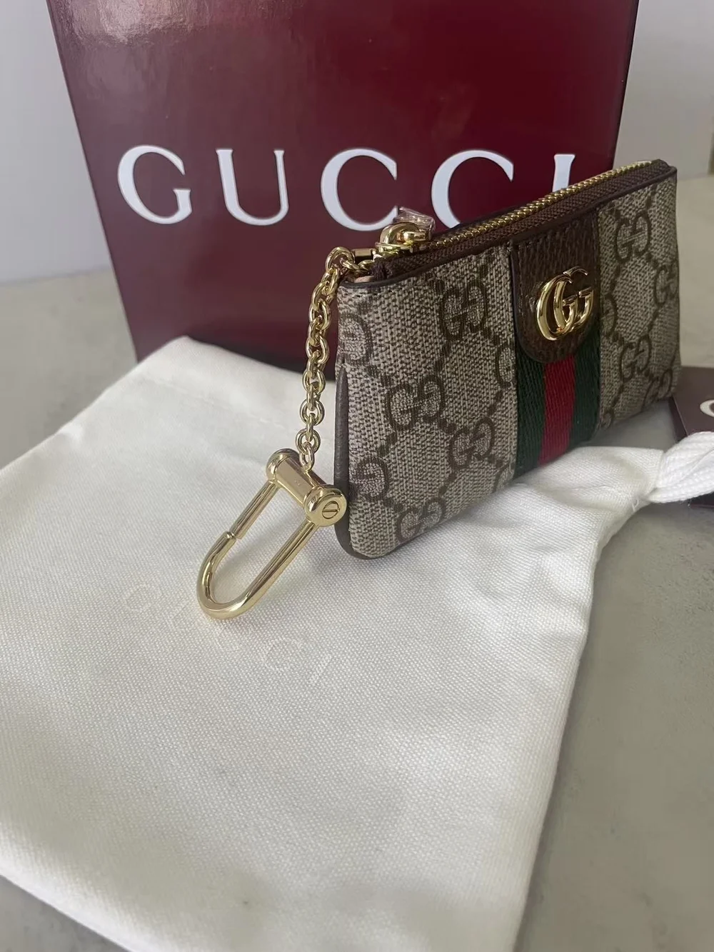Gucci Brown Beige GG Supreme Web Key & Card Holder with Gold Hardware